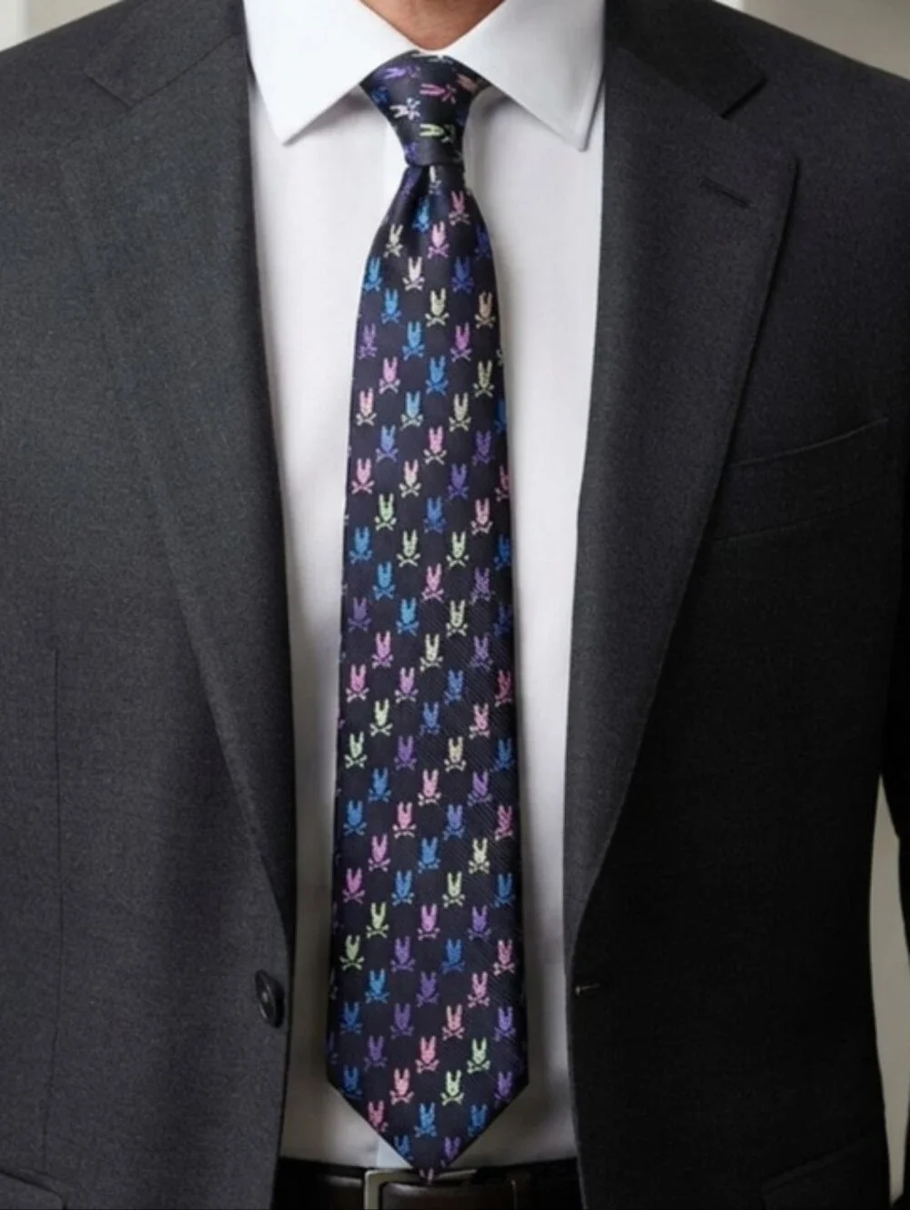 Psycho Bunny Black Tie with Multicolor Bunny Motif